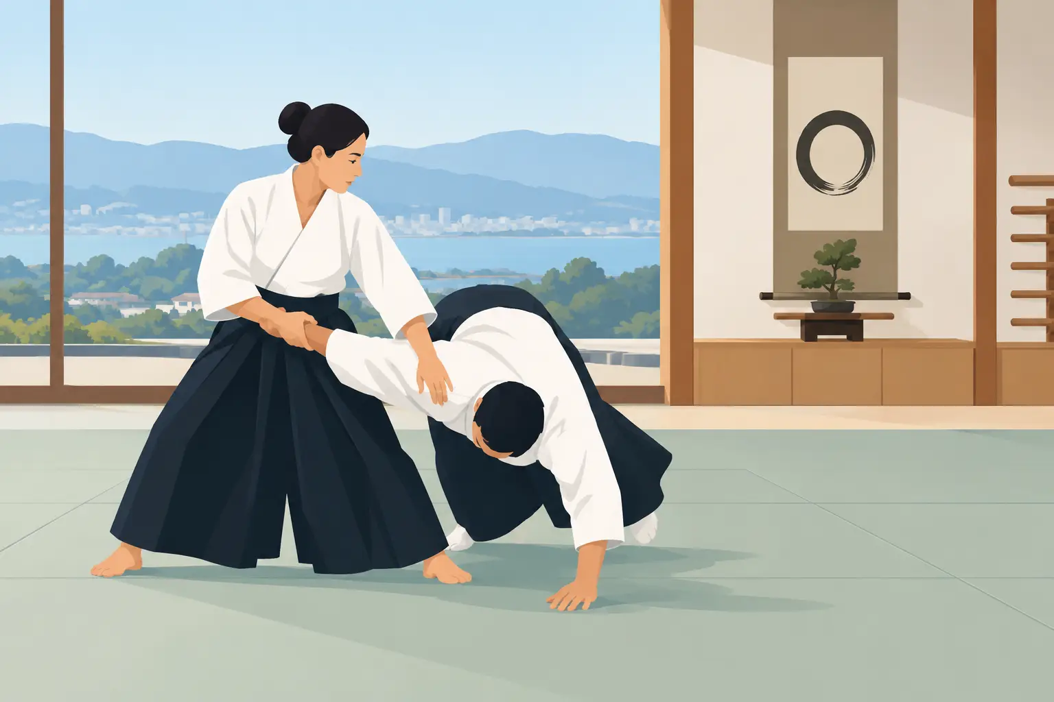 Adult students practicing traditional Aikido at Tri City Aikido in Fremont