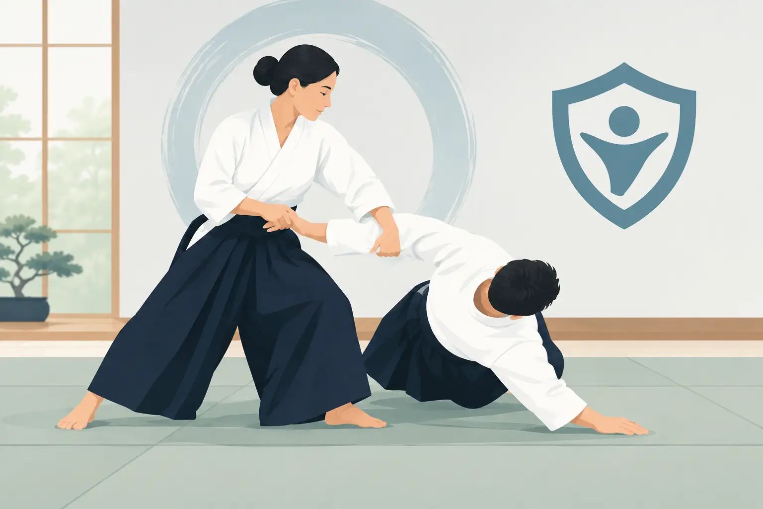 Beginner practicing safe Aikido techniques with an experienced partner at Tri City Aikido in Fremont